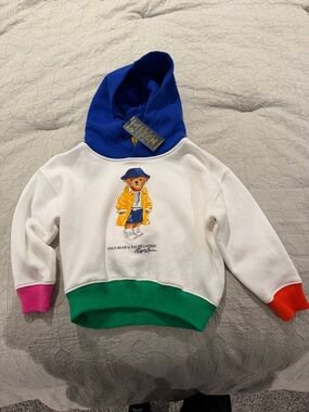 Ralph Lauren White Polo Bear Hoodie with Blue Hood and Multicolor Trim